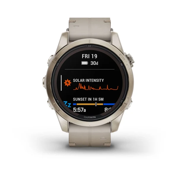 Garmin Fenix 7S Pro - Sapphire Solar Edition- Soft Gold Ss With Limestone Leather  Band (Includes Tundra Silicone Watch Band) - AMIT Retail