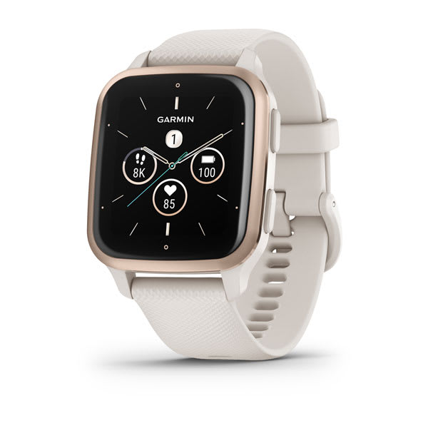 Garmin Venu Sq 2 Music Edition, Peach Gold Aluminium Bezel With Ivory Case And Silicone Band