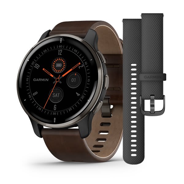 Garmin Venu 2 Plus, Slate Stainless Steel Bezel With Slate Case And Brown Leather Band